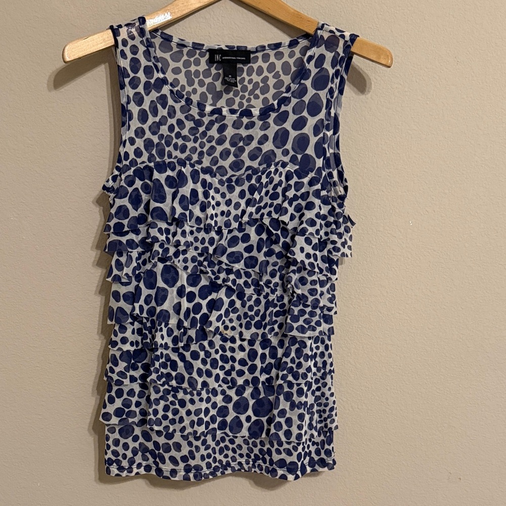 INC International Concepts Navy and White Ruffle Tank Top